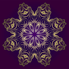 Flower Round Pattern. Vector Illustration. For Design, Invitation Wedding, Valentine's, Background, Wallpaper, Interior. Purple gold color
