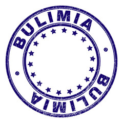 BULIMIA stamp seal imprint with grunge texture. Designed with round shapes and stars. Blue vector rubber print of BULIMIA text with grunge texture.