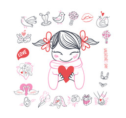 Collection of hand drawn Valentine day doodle. Valentine's day special pack design elements sets. Perfect for invitation cards and page decoration.