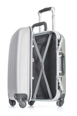 Open travel bag close up on white background