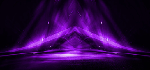 Empty stage background in purple color, spotlights, neon rays. Abstract background of neon lines and rays.