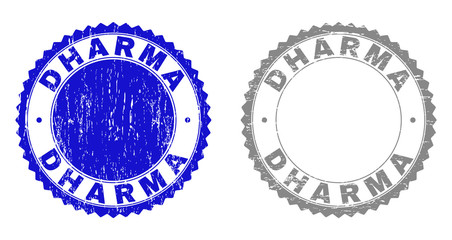 Grunge DHARMA stamp seals isolated on a white background. Rosette seals with grunge texture in blue and grey colors. Vector rubber stamp imprint of DHARMA tag inside round rosette.
