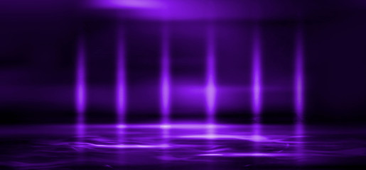 Empty stage background in purple color, spotlights, neon rays. Abstract background of neon lines and rays.