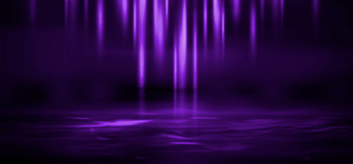 Empty stage background in purple color, spotlights, neon rays. Abstract background of neon lines and rays.