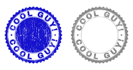Grunge COOL GUY! stamp seals isolated on a white background. Rosette seals with grunge texture in blue and gray colors. Vector rubber stamp imitation of COOL GUY! caption inside round rosette.