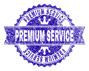 PREMIUM SERVICE rosette seal watermark with grunge texture. Designed with round rosette, ribbon and small crowns. Blue vector rubber watermark of PREMIUM SERVICE title with dirty texture.