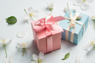 two gifts surrounded by Apple white flowers. blue and pink presents. pretty background