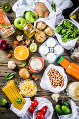Zero waste shopping and sustanable lifestyle concept, various farm organic vegetables, grains,...