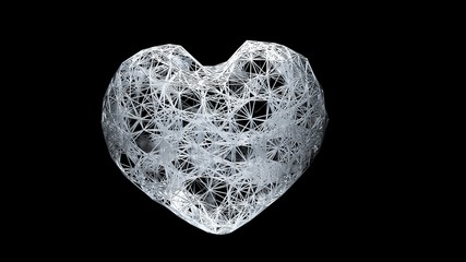 3D render close-up view of plexus white heart in a dark space