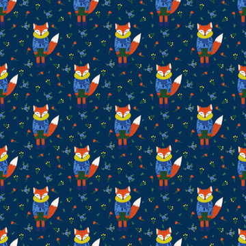 Cute hand painted fox surrounded by flowers. Seamless pattern decoration for fabric, textile, notebooks, wrapping paper