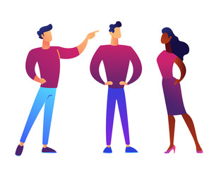 Business people standing together and discussing ideas vector illustration. Business colleagues, business meeting and conversation, coworking and communication concept. Isolated on white background.