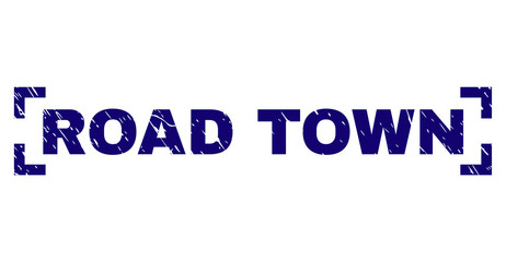 ROAD TOWN label seal print with corroded texture. Text label is placed inside corners. Blue vector rubber print of ROAD TOWN with dirty texture.