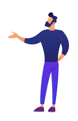 Businessman with pointing hand gesture to present something vector illustration. Presentation and advertisement, professional manager and business training concept. Isolated on white background.