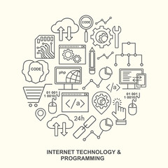 Internet technology and programming pattern with linear icons on white. Line style html, php and code background with place for text.