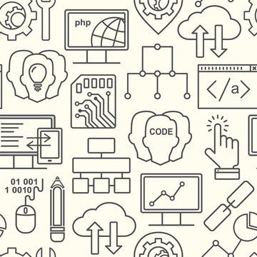 Seamless Internet technology and programming pattern with linear icons. Line style html, php and code background.
