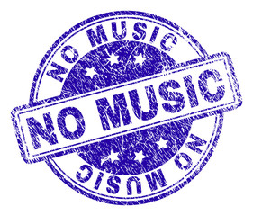 NO MUSIC stamp seal imprint with grunge texture. Designed with rounded rectangles and circles. Blue vector rubber print of NO MUSIC text with grunge texture.