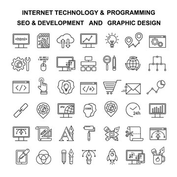 Internet technology and programming linear icons set. Html, php and code line style icons.