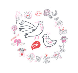 Collection of hand drawn Valentine day doodle. Valentine's day special pack design elements sets. Perfect for invitation cards and page decoration. Vector illustration.