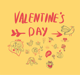 Collection of hand drawn Valentine day doodle. Valentine's day special pack design elements sets. Perfect for invitation cards and page decoration. Vector illustration.