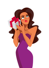Cute vector illustration woman with dark curly hair wearing violet dress isolated over white background, holding present box at her ear. Girl trying to guess what in the gift box.