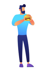Businessman eating hamburger vector illustration. Lunch break and unhealthy fast food, street food and snack, junk food and hungry office worker concept. Isolated on white background.