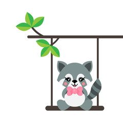 cartoon cute fox with raccoon on a swing and on a branch