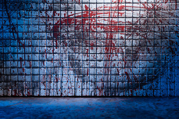 Cold and dark background from the scene of the murder. Dirty marble tile blurred by splashes of red blood. Room with a bloody wall - obrazy, fototapety, plakaty