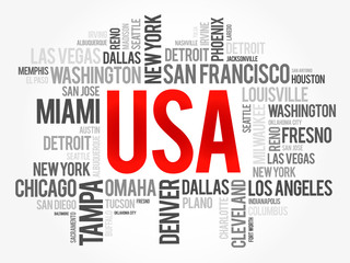 USA cities names words cloud collage, concept background