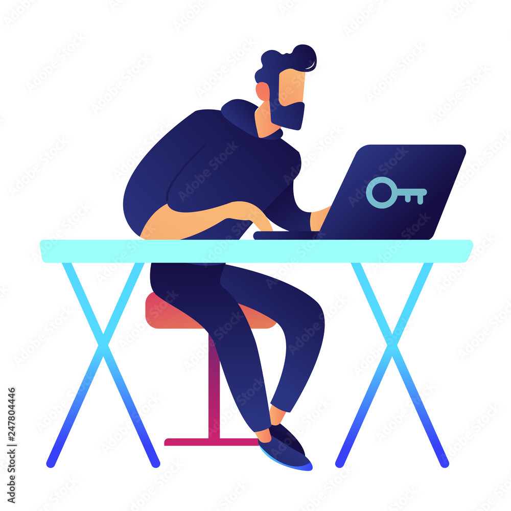 Aufkleber it specialist sitting at desk and working on laptop with key vector illustration. software developer