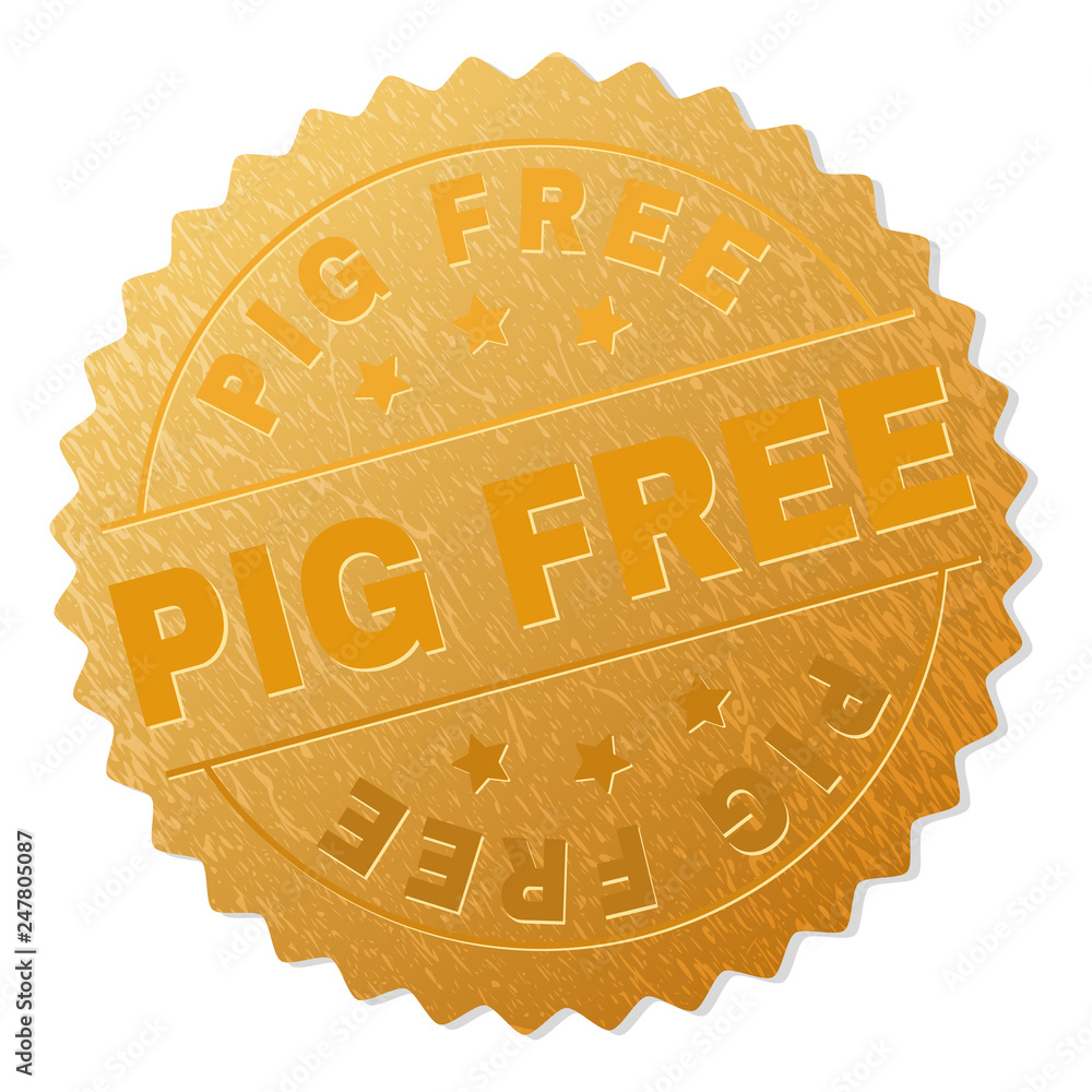 Wall mural PIG FREE gold stamp award. Vector gold award with PIG FREE title. Text labels are placed between parallel lines and on circle. Golden surface has metallic texture.