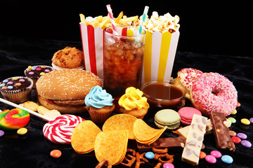 Unhealthy products. food bad for figure, skin, heart and teeth.