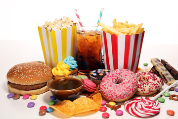 Unhealthy products. food bad for figure, skin, heart and teeth.