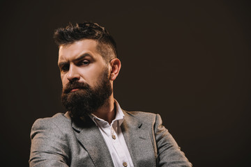 Obraz premium handsome beard businessman in gray jacket isolated on brown