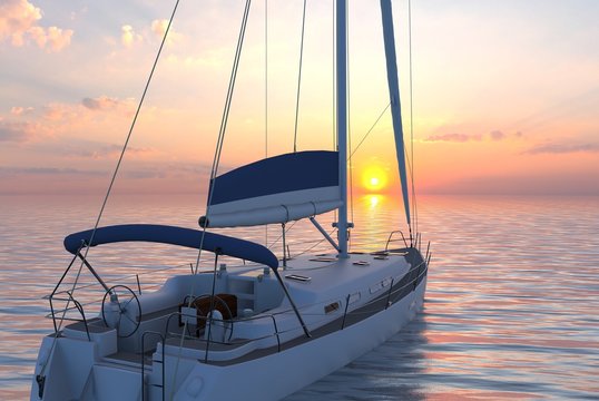 Sailing yacht on sea and sunset 3d illustration
