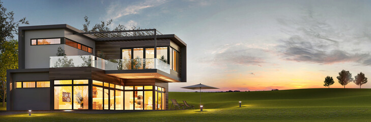 Evening view of a luxurious modern house - obrazy, fototapety, plakaty