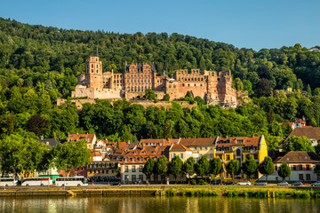 Fototapeta na wymiar View of city Heidelberg and ruins of renaissance Heidelberg Castle on Konigstuhl hill, Germany