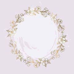 Vector drawing of a golden wreath of twigs of a blossoming apple tree.