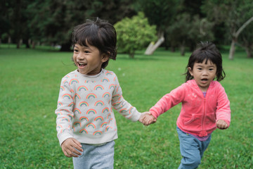 happy little kids enjoy running in the park and hold hands