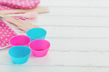 Bakery tools. Kitchen background. Top view of kitchenware. Cooking stuff flatlay with copy space.