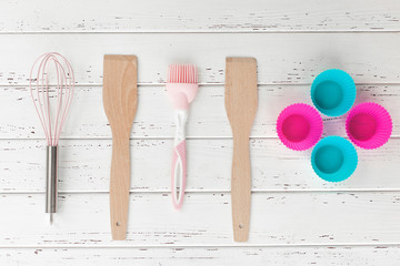 Bakery tools. Kitchen background. Top view of kitchenware. Cooking stuff flatlay with copy space.