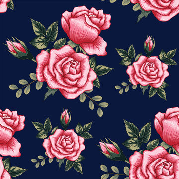 Seamless pattern beautiful pink Rose flowers on dark blue color background.Vector illustration hand drawing.