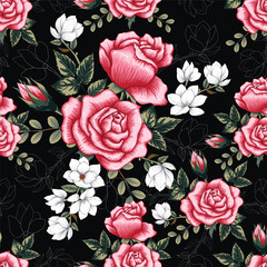 Seamless pattern beautiful pink Rose and Magnolia flowers on dark blue color background.Vector illustration hand drawing line art.