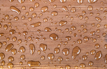 Water drops on a brown wooden surface