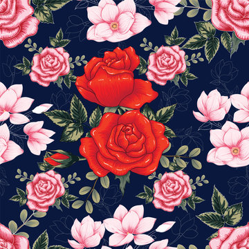 Seamless pattern beautiful pink-red Rose and Magnolia flowers on dark blue color background.Vector illustration hand drawing line art.
