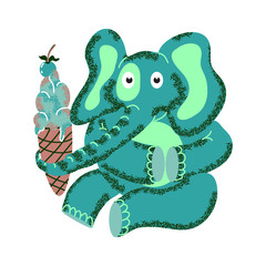 Elephant with ice cream isolated on white background. Cartoon character elephant holding an ice-cream with a trunk. Vector illustration