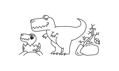 Cartoon mother and baby dinosaur t rex hand drawn outline, logo or sign dino t-rex.