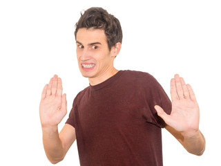 Portrait disgusted young man. Negative human emotion.  Isolated on a white background.