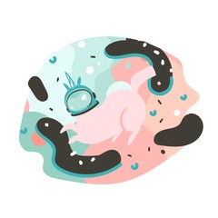 Hand drawn vector abstract graphic creative cartoon illustrations poster or print with cosmonaut unicorn in helmets ,comets and planets in cosmos isolated on white abstract background