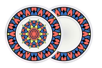 Set of 2 matching decorative plates for interior design. Porcelain plate with mandala ornament. Vector illustration. Isolated. Round geometric floral pattern. Interior decoration, home decor element