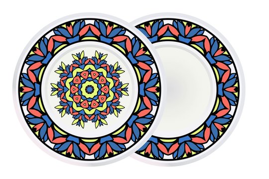 Mandala Circular Abstract Floral Lace Pattern. Set Of 2 Matching Decorative Plates. Decorative Mandala Ornament. Vector Illustration.